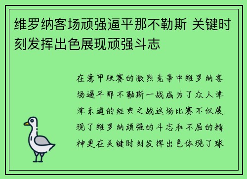 维罗纳客场顽强逼平那不勒斯 关键时刻发挥出色展现顽强斗志